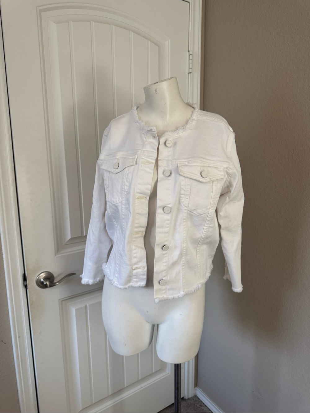Sanctuary White Frayed Hem Denim Jacket